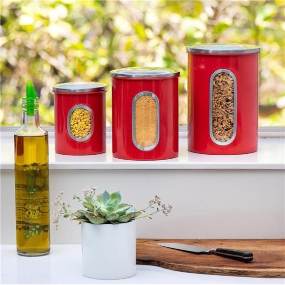 3 Piece Red Canisters Sets For The Kitchen, Kitchen Jars With See Through Window - Picture 5 of 7